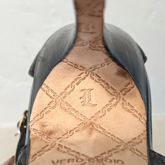 LAMB Lightning Bolt Black & Gold Metal Embellish T Strap Stiletto Sandals, 7/7.5 - Picture 9 of 16